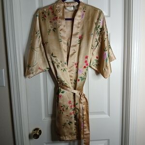 Vintage Short Asian Inspired Floral Satin Robe with Belt Sz L